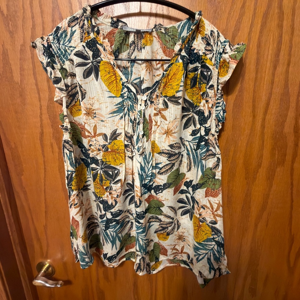 Women’s Tropical Print Short Sleeve Blouse - Yellow & Green